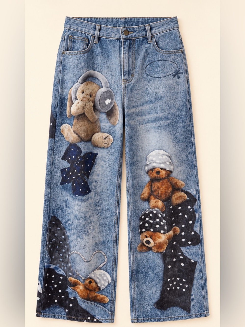 Blue Teddy-Print Wide Leg Jeans